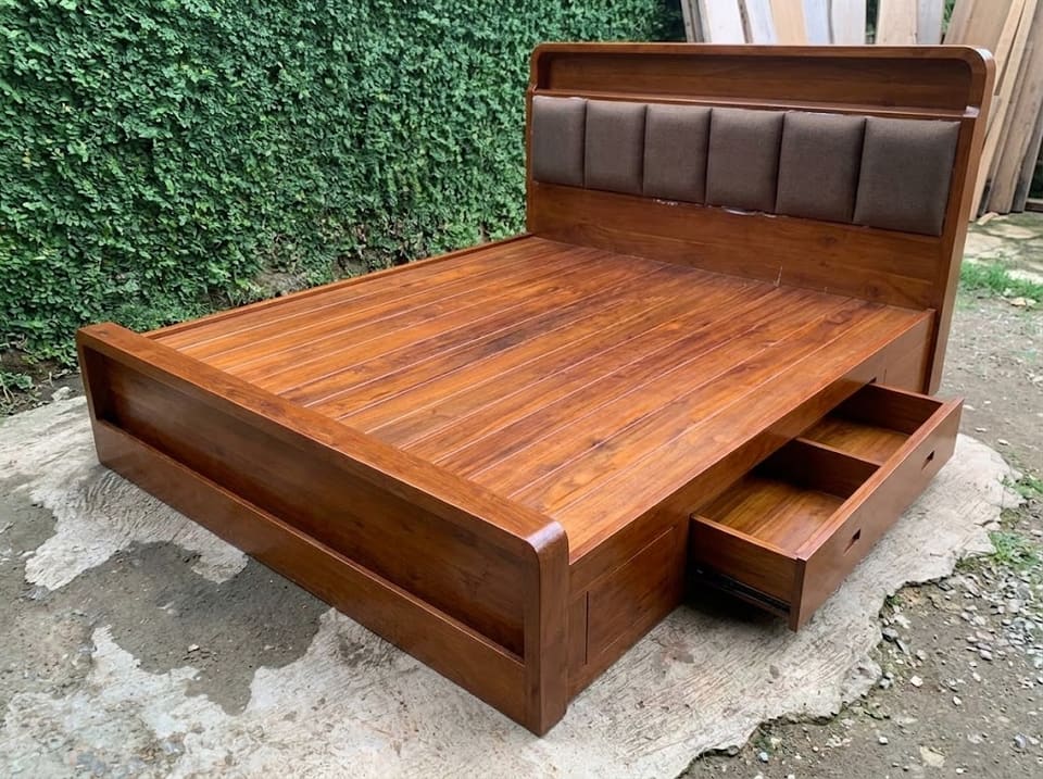 Storage Bed, Padded Brown Headboard, two drawers