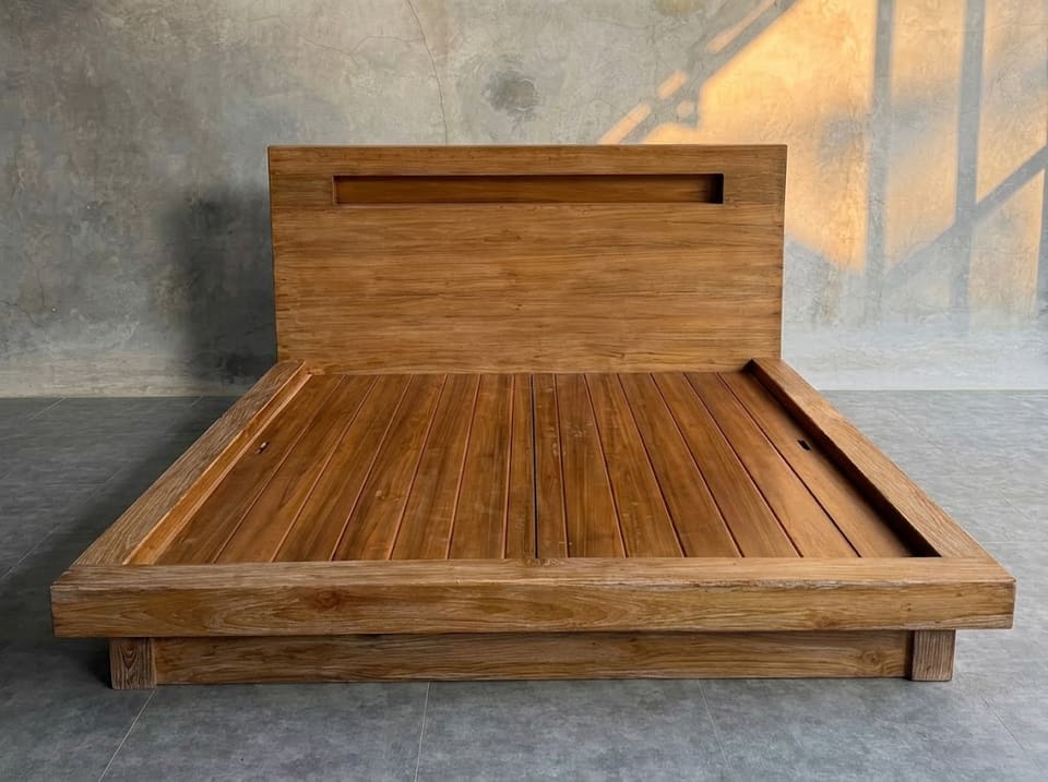Storage Bed, Groove Headboard — Honey