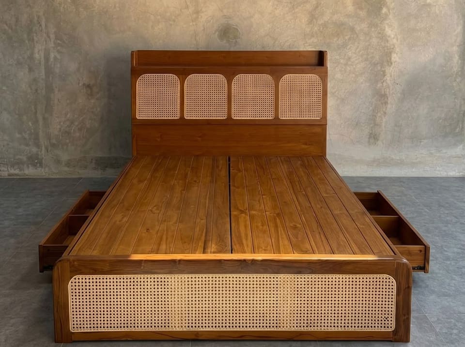 Low Platform Bed, Fabric Headboard, two drawers