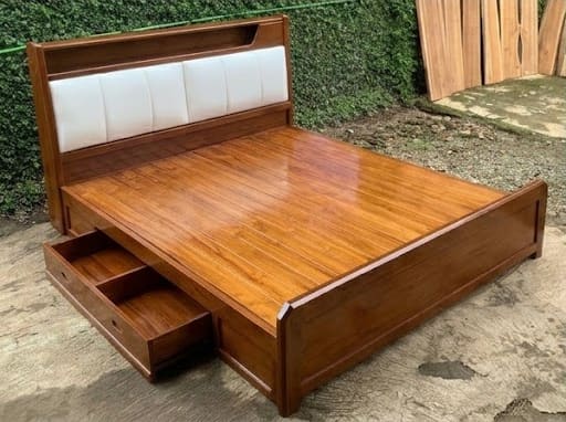 Storage Bed, Padded White Headboard, one drawer