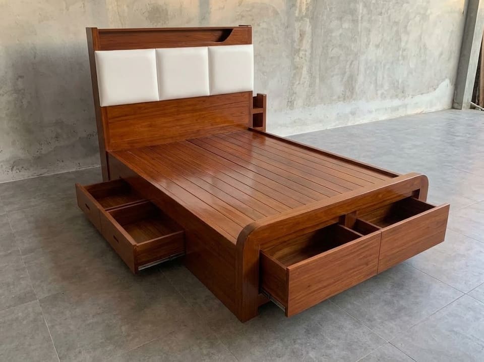 Storage Bed, White Padded Headboard with Shelf, six drawers