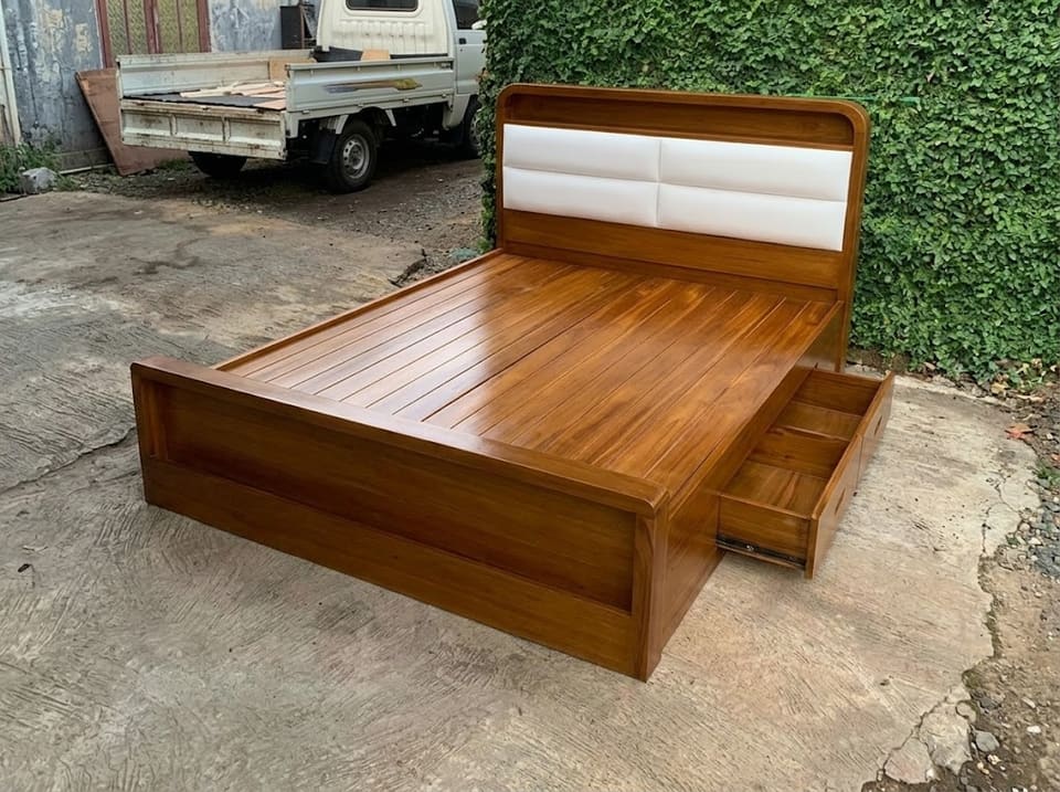 Storage Bed, White Padded Headboard, side drawers