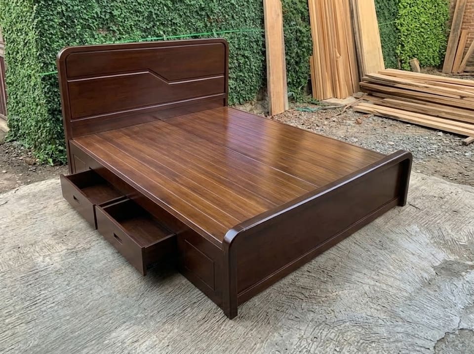 Storage Bed, Grooved Panel Headboard, front drawers — Dark Walnut