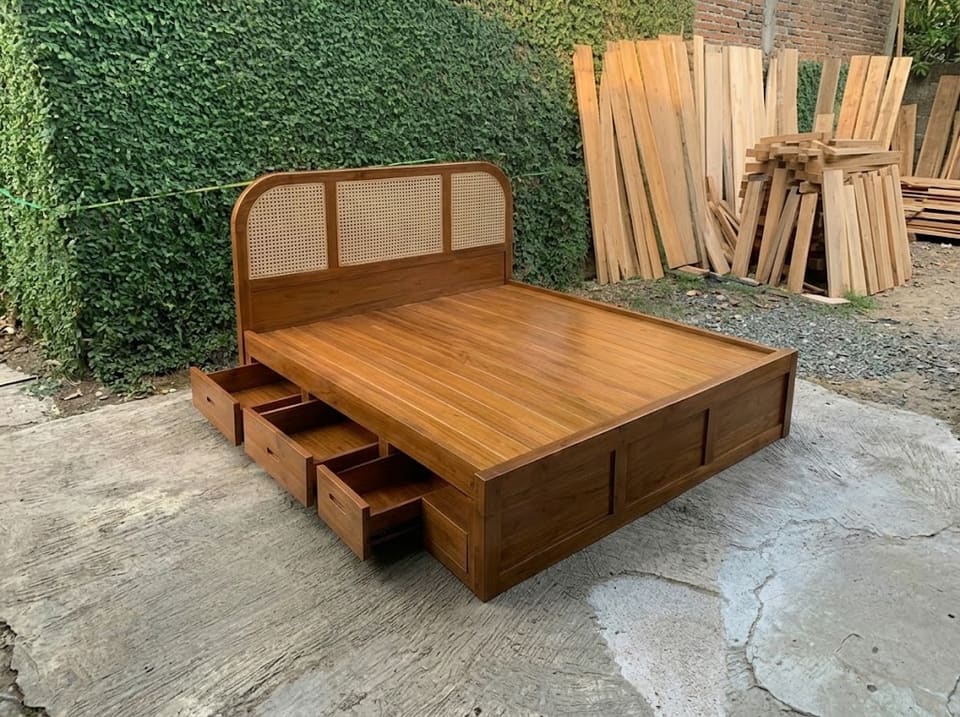 Storage Bed, Arched Rattan Headboard, four drawers