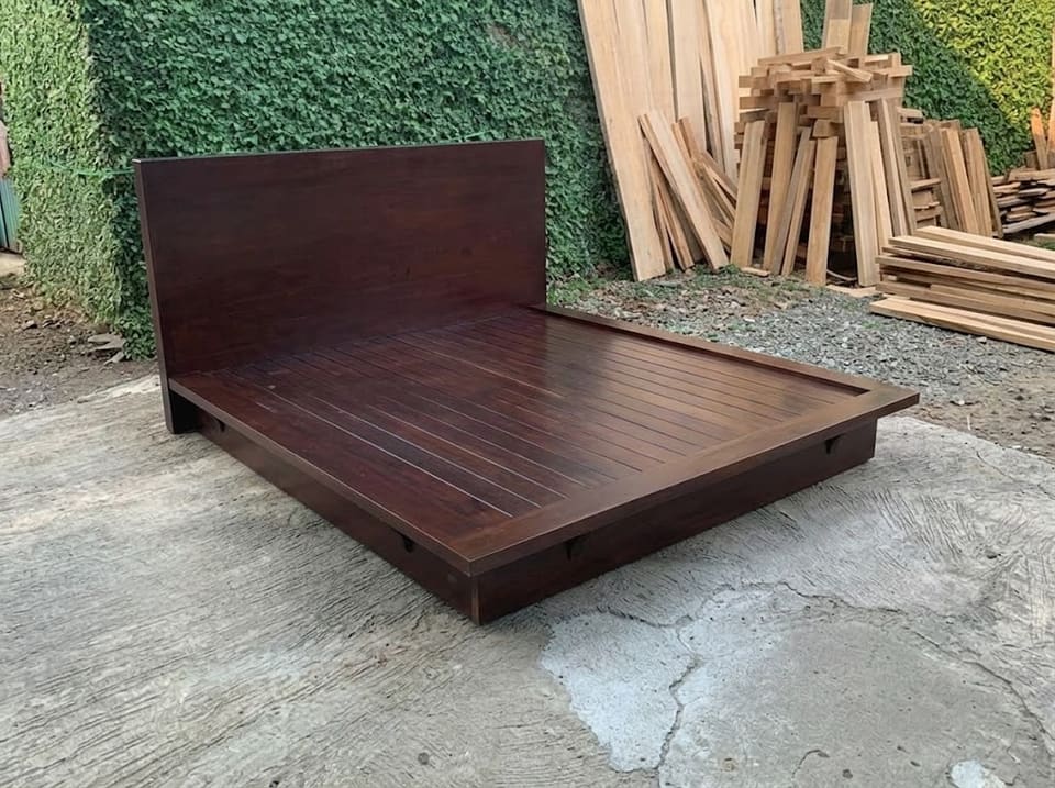 Low Platform Bed, Tall Panel Headboard — Dark Espresso