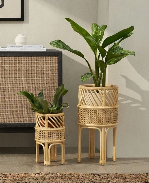 Rattan Planter Stand Set — Cylinder Cane Weave