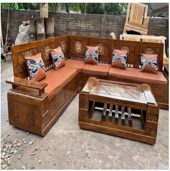L-Shape Carved Teak Sofa Set — Honey