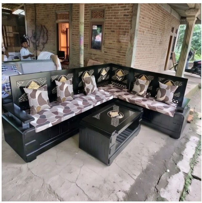 L-Shape Carved Teak Sofa Set — Black