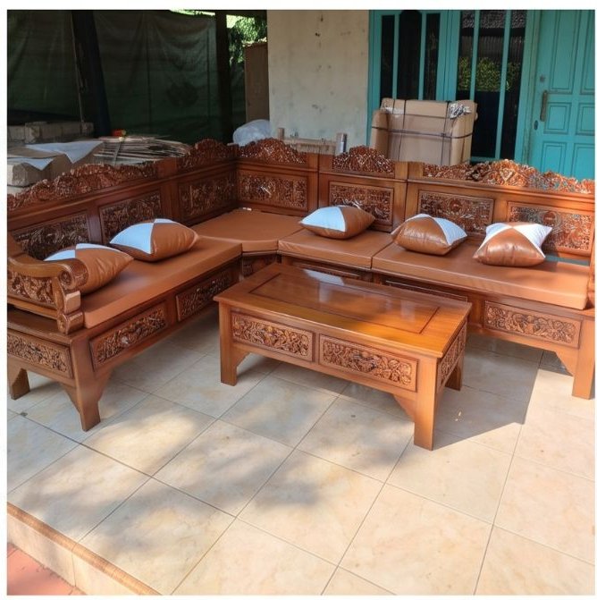 L-Shape Ornate Carved Teak Sofa Set