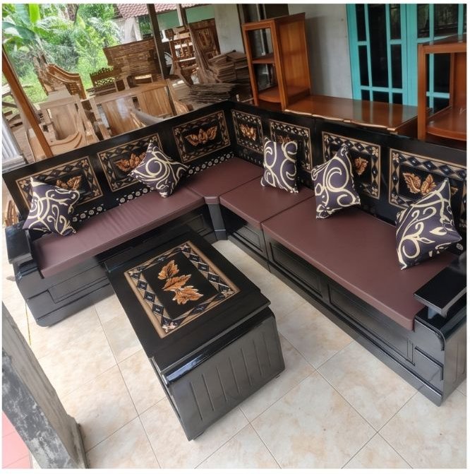 L-Shape Carved Teak Sofa Set — Dark Batik
