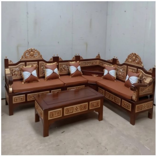 L-Shape Carved Teak Sofa Set — Gold Inlay