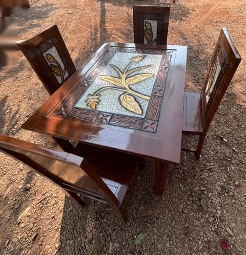 Carved Floral-Inlay Dining Set, four chairs