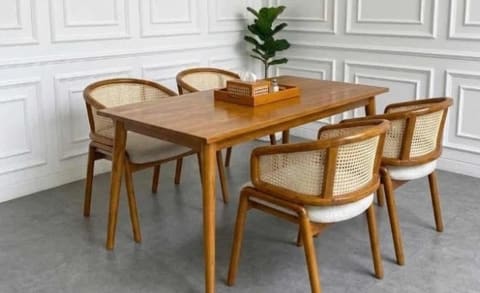 Cane Barrel-Back Dining Set, four chairs