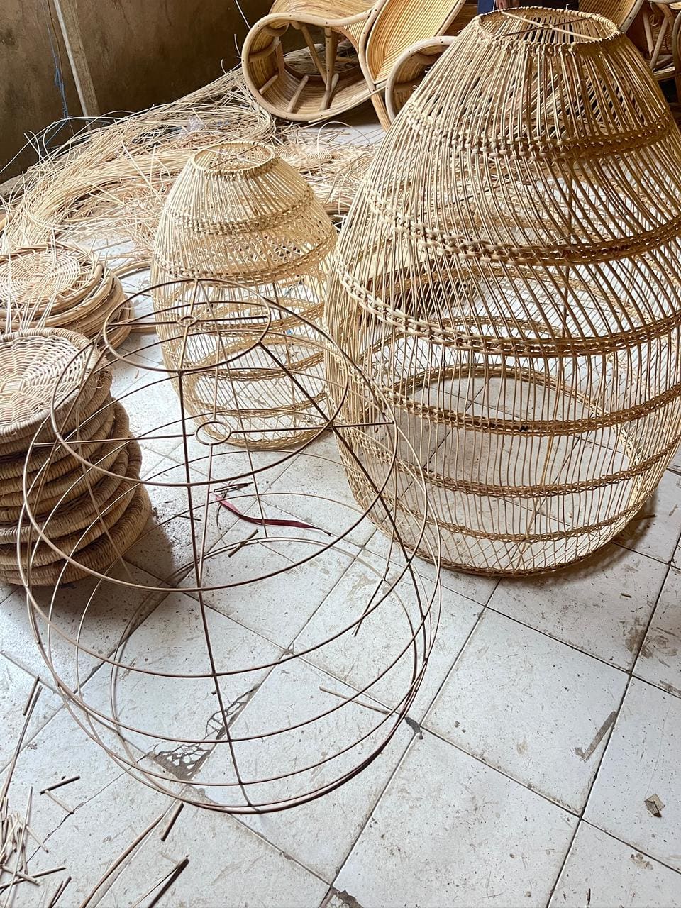 Rattan lamp shade frames in progress